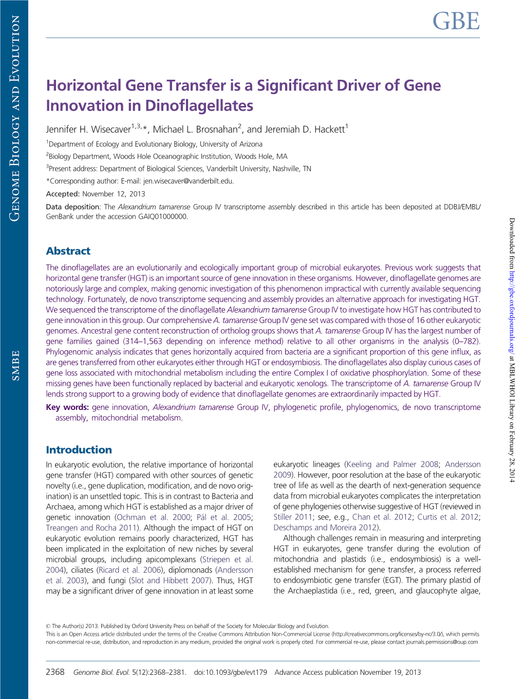 Horizontal Gene Transfer Is a Significant Driver of Gene Innovation in Dinoflagellates