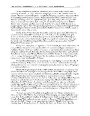 Liner Notes for Commemorative CD of Johnny Pate Concert, by Devra Hall 1 of 6