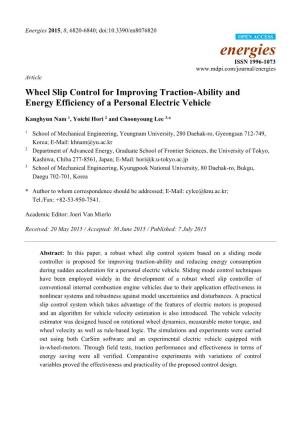 Wheel Slip Control for Improving Traction-Ability and Energy Efficiency of a Personal Electric Vehicle