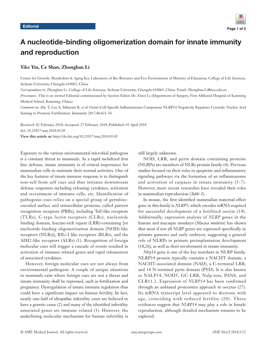 A Nucleotide-Binding Oligomerization Domain for Innate Immunity and Reproduction