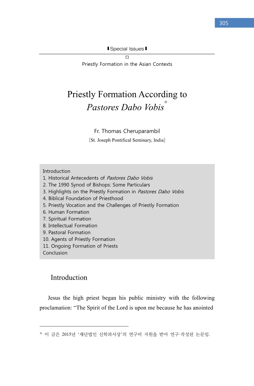 Priestly Formation According to Pastores Dabo Vobis* 1