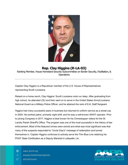 Rep. Clay Higgins (R-LA-03) Ranking Member, House Homeland Security Subcommittee on Border Security, Facilitation, & Operations