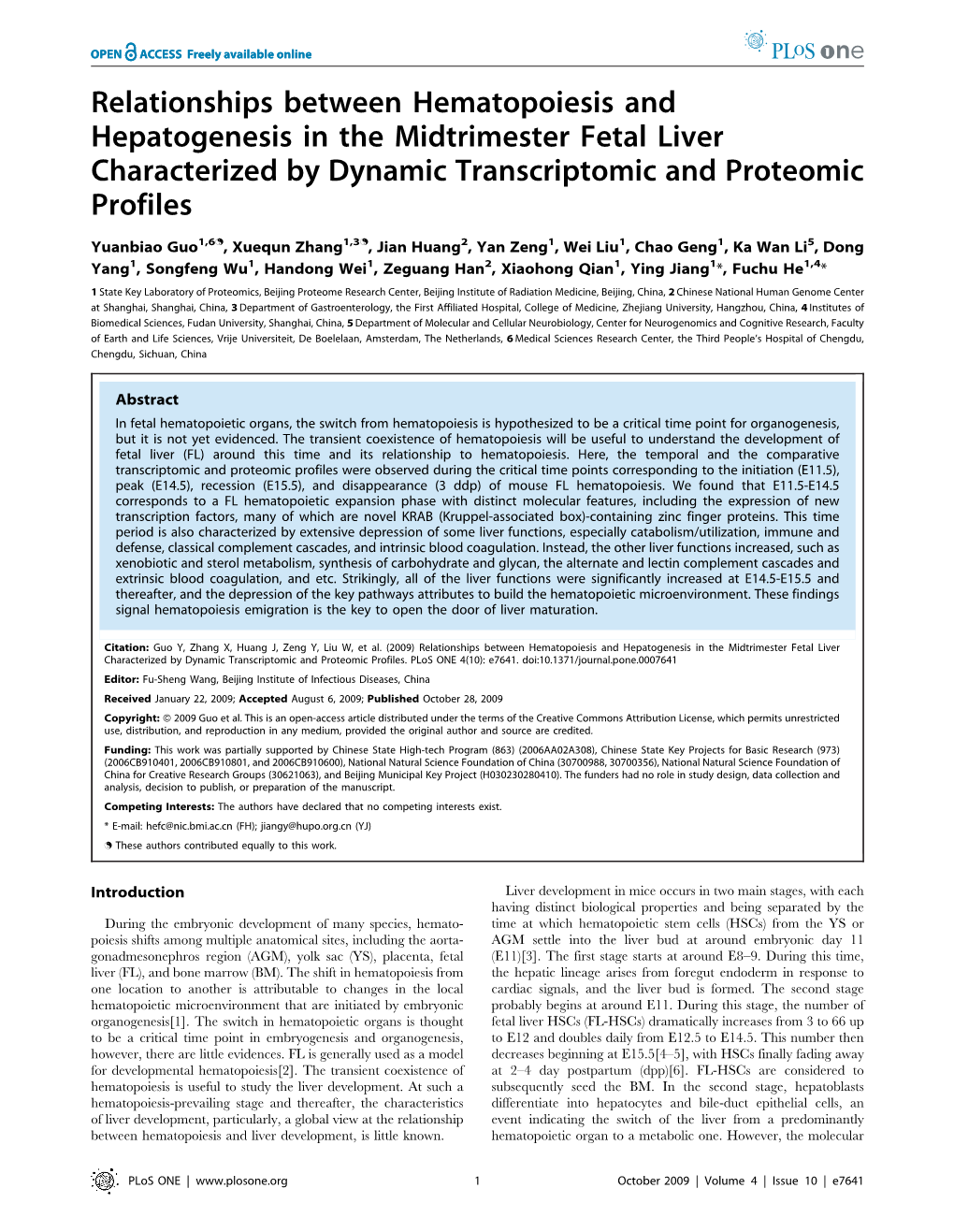 Relationships Between Hematopoiesis and Hepatogenesis in the Midtrimester Fetal Liver Characterized by Dynamic Transcriptomic and Proteomic Profiles