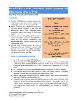 Situation Update #36 - Coronavirus Disease 2019 (COVID-19) WHO Country Office for Nepal Reporting Date: 16 - 22 December 2020
