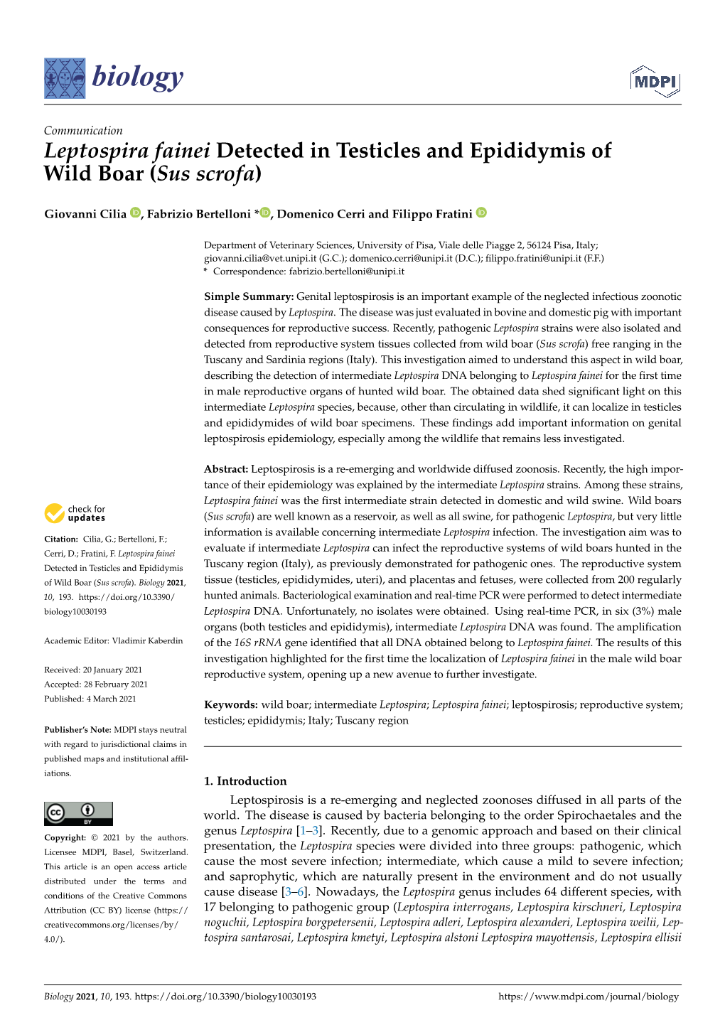 Leptospira Fainei Detected in Testicles and Epididymis of Wild Boar (Sus Scrofa)