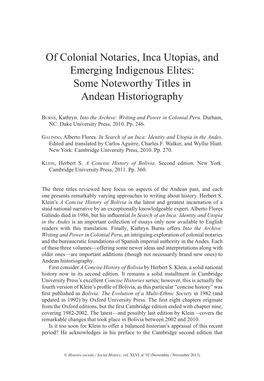 Of Colonial Notaries, Inca Utopias, and Emerging Indigenous Elites: Some Noteworthy Titles in Andean Historiography