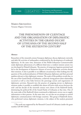 The Phenomenon of Clientage and the Organisation of Diplomatic Activities in the Grand Duchy of Lithuania of the Second Half of the Sixteenth Century*1