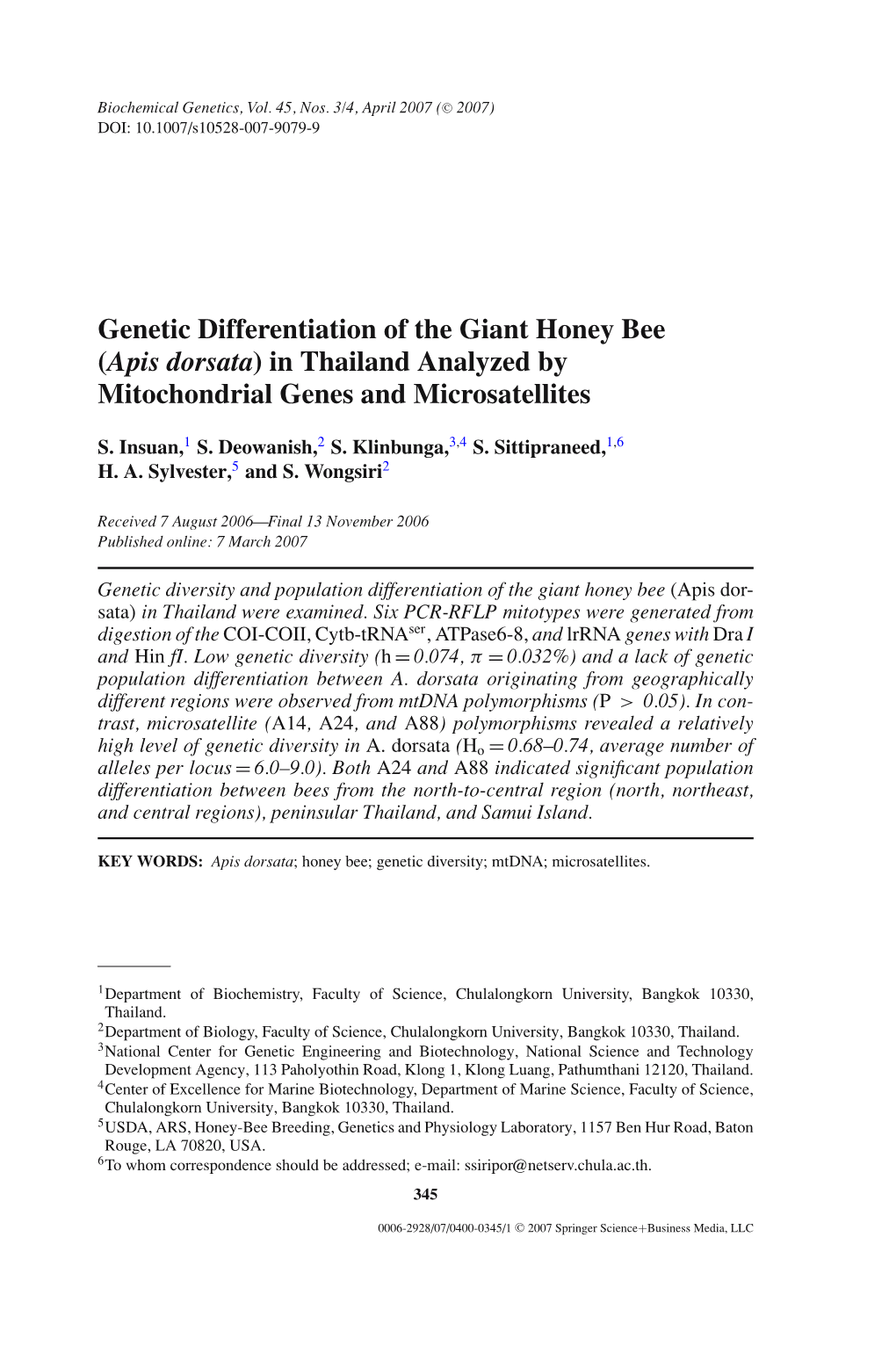 Genetic Differentiation of the Giant Honey Bee (Apis Dorsata) in Thailand Analyzed by Mitochondrial Genes and Microsatellites
