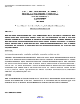 QUALITY ANALYSIS of WATER of TWO DISTRICTS (MURSHIDABAD and BIRBHUM) of WEST BENGAL Ishani Roy Chowdhury(*1) CMJ UNIVERSITY SHILLONG