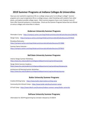 2019 Summer Programs at Indiana Colleges & Universities