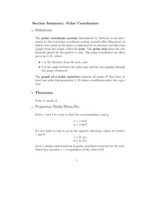 Section Summary: Polar Coordinates A. Definitions B. Theorems C