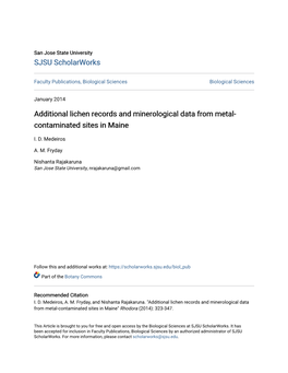 Additional Lichen Records and Minerological Data from Metal- Contaminated Sites in Maine