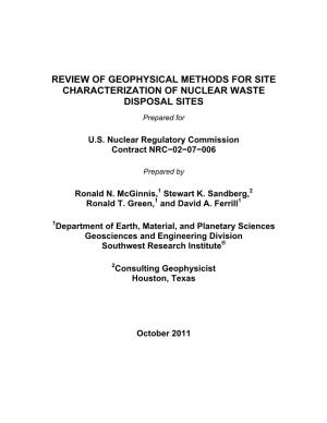 Review of Geophysical Methods for Site Characterization of Nuclear Waste Disposal Sites