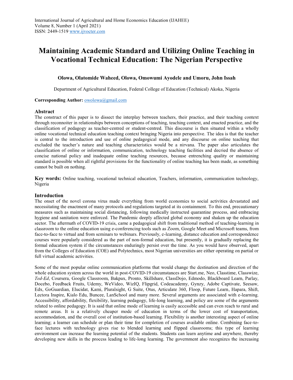 Maintaining Academic Standard and Utilizing Online Teaching in Vocational Technical Education: the Nigerian Perspective