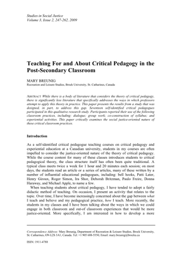 Teaching for and About Critical Pedagogy in the Post-Secondary Classroom