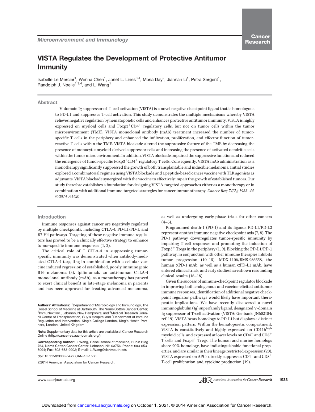 VISTA Regulates the Development of Protective Antitumor Immunity