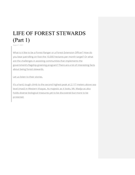 LIFE of FOREST STEWARDS (Part 1) August 7, 2021