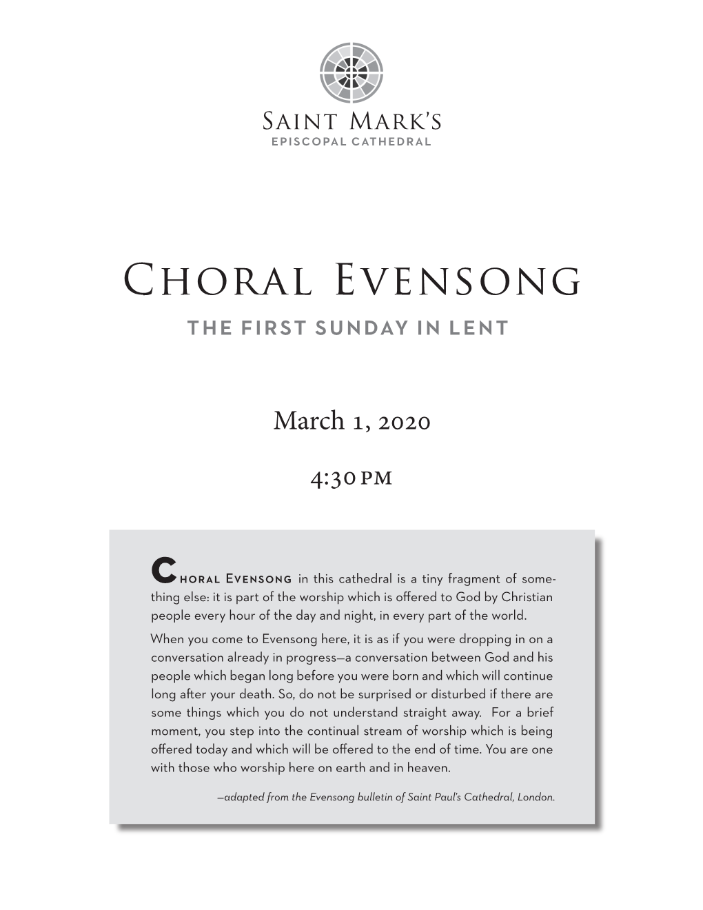 Choral Evensong the First Sunday in Lent