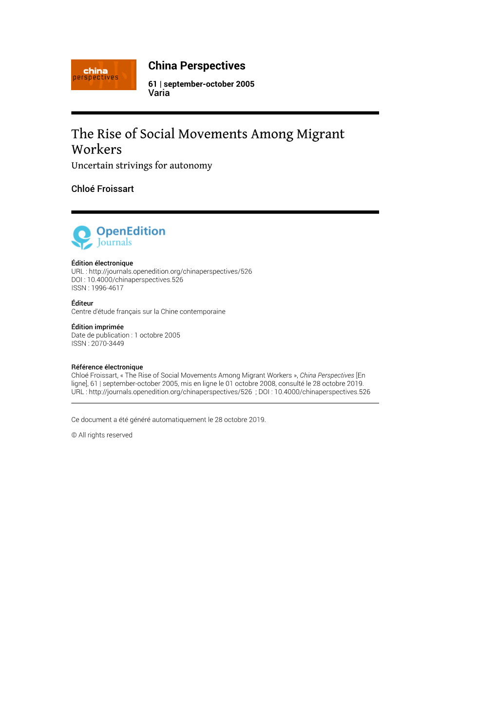 China Perspectives, 61 | September-October 2005 the Rise of Social Movements Among Migrant Workers 2