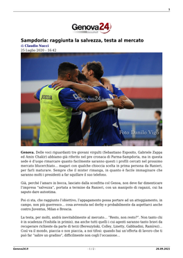 Sampdoria: Raggiunta La Salvezza, Testa Al Mercato Di Claudio Nucci 25 Luglio 2020 – 16:42