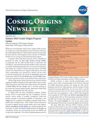 Cosmic Origins Newsletter, September 2016, Vol. 5, No. 2