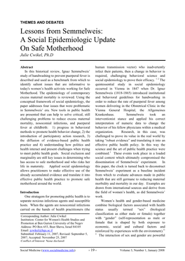 Semmelweis: a Social Epidemiologic Update on Safe Motherhood Julie Cwikel, Ph.D