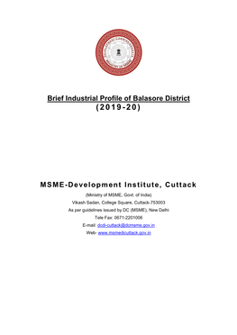 Brief Industrial Profile of Balasore District MSME-Development Institute, Cuttack