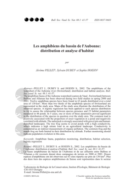 Les Amphibiens Du Bassin De L'aubonne: Distribution Et Analyse D'habitat