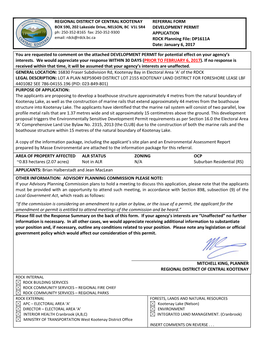 REGIONAL DISTRICT of CENTRAL KOOTENAY REFERRAL FORM DEVELOPMENT PERMIT APPLICATION RDCK Planning File: DP1611A Date: January 6