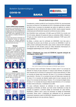Situação Epidemiológica Atual Tabela 1. Distribuição Dos Casos De COVID-19, Segundo Situação Da Investigação. Bahia, 20