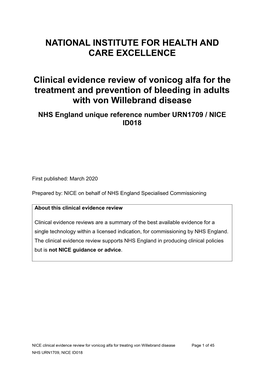 Evidence Review: Vonicog Alfa for the Treatment and Prevention Of