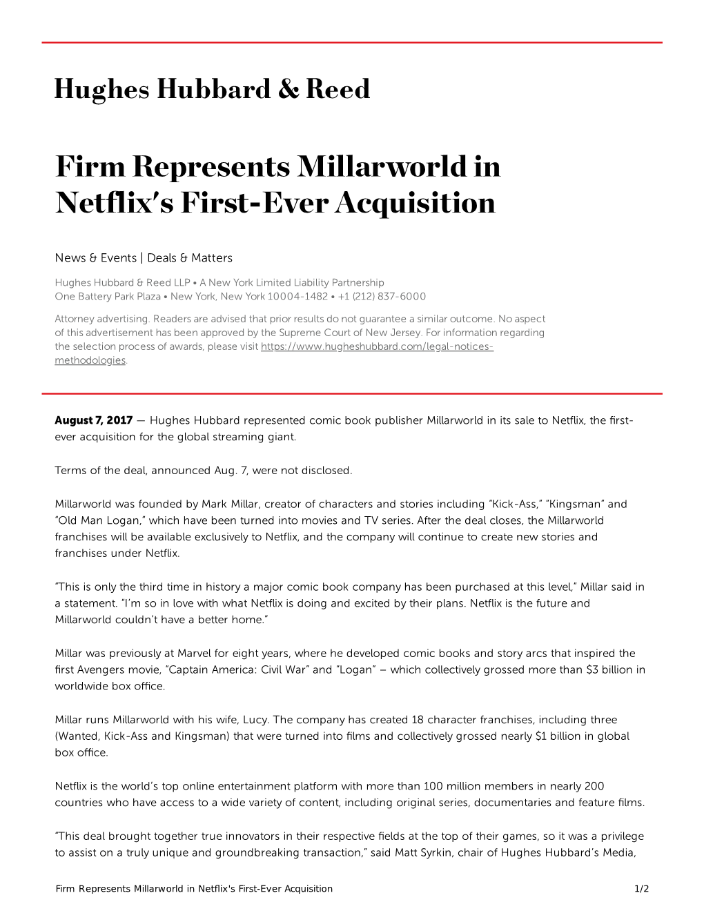 Firm Represents Millarworld in Netflix's First-Ever Acquisition