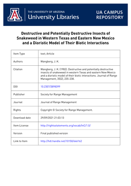 Destructive and Potentially Destructive Insects of Snakeweed in Western Texas and Eastern New Mexico and a Dioristic Model of Their Biotic Interactions