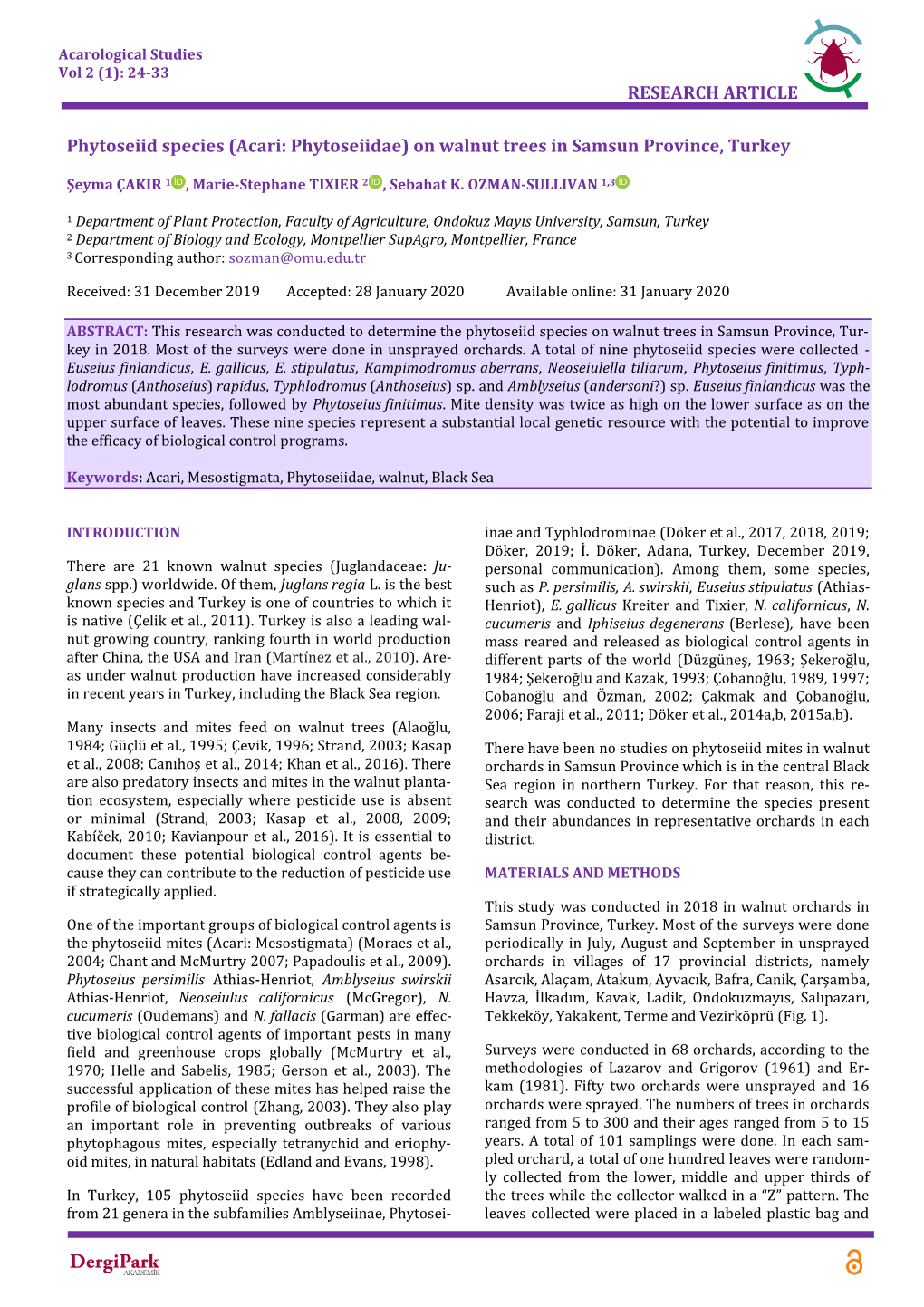 Phytoseiid Species (Acari: Phytoseiidae) on Walnut Trees in Samsun Province, Turkey