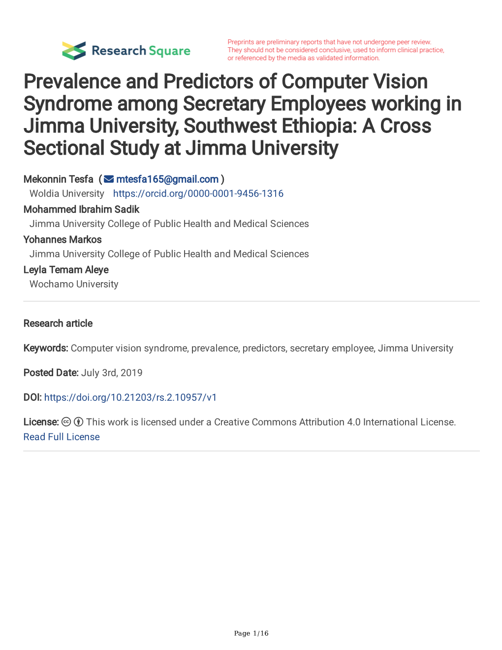 Prevalence and Predictors of Computer Vision Syndrome Among