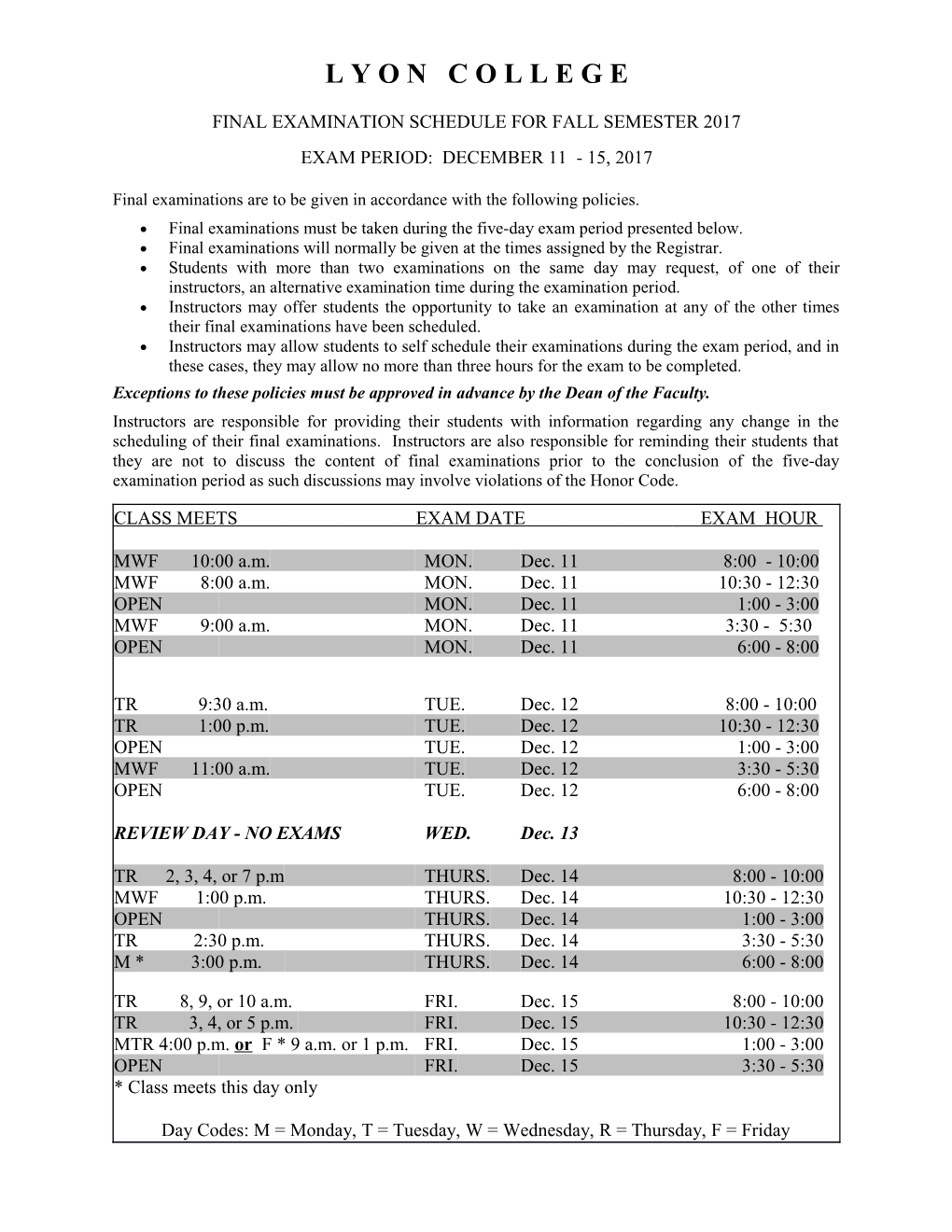 Final Examination Schedule for Fall Semester 2017