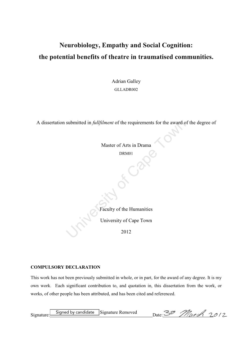 Neurobiology, Empathy and Social Cognition: the Potential Benefits of Theatre in Traumatised Communities