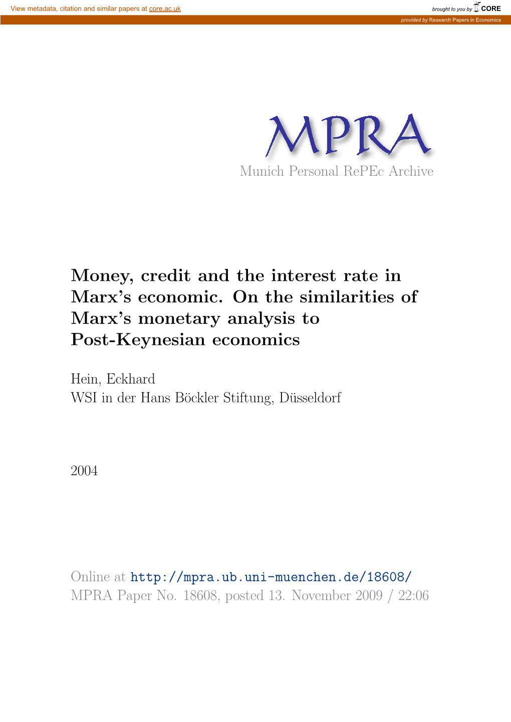 Money, Credit and the Interest Rate in Marx's Economic. on the Similarities