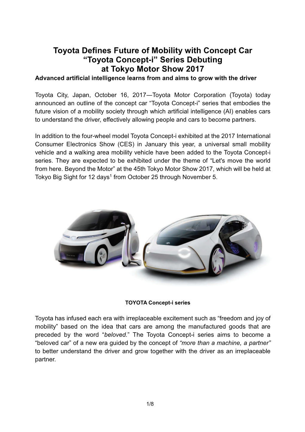 “Toyota Concept-I” Series Debuting at Tokyo Motor Show 2017 Advanced Artificial Intelligence Learns from and Aims to Grow with the Driver