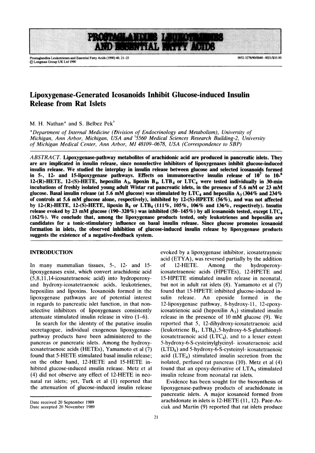 Lipoxygenase-Generated Icosanoids Inhibit Glucose-Induced Insulin Release from Rat Islets