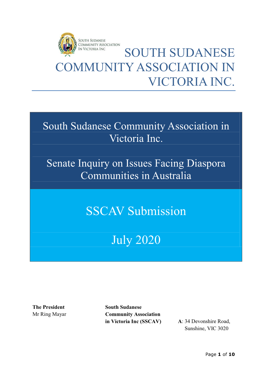 South Sudanese Community Association in Victoria Inc. Senate