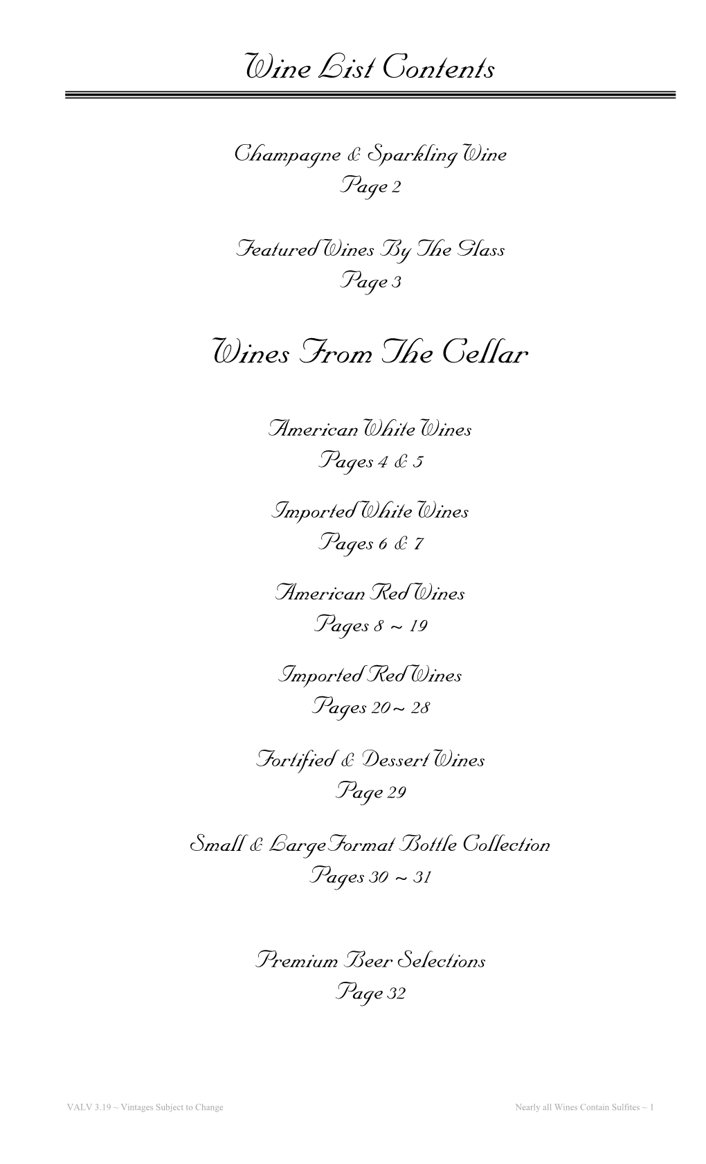 Wine List Contents Wines from the Cellar