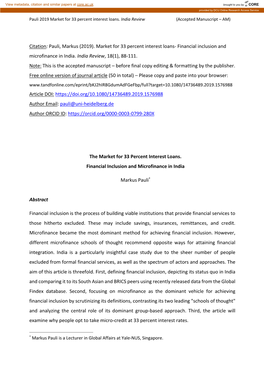 Pauli, Markus (2019). Market for 33 Percent Interest Loans- Financial Inclusion and Microfinance in India