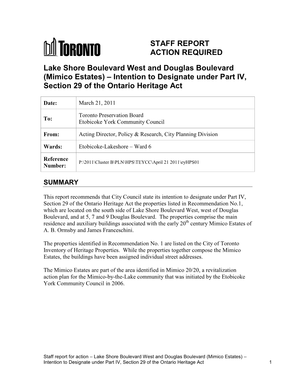 (Mimico Estates) – Intention to Designate Under Part IV, Section 29 of the Ontario Heritage Act