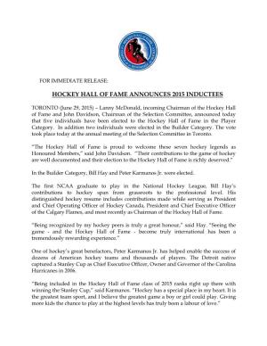Hockey Hall of Fame Announces 2015 Inductees