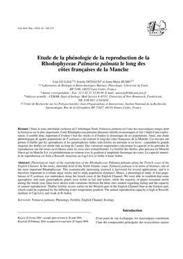 Etude De La Phénologie De La Reproduction De La Rhodophyceae Palmaria Palmata Le Long Des Côtes Françaises De La Manche