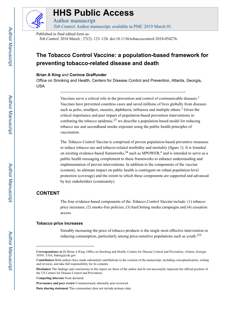 The Tobacco Control Vaccine: a Population-Based Framework for Preventing Tobacco-Related Disease and Death