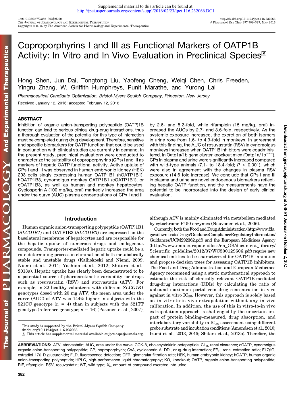 Coproporphyrins I and III As Functional Markers of OATP1B Activity: in Vitro and in Vivo Evaluation in Preclinical Species S