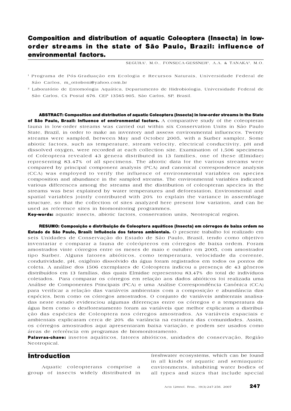 Composition and Distribution of Aquatic Coleoptera (Insecta) in Low- Order Streams in the State of São Paulo, Brazil: Influence of Environmental Factors