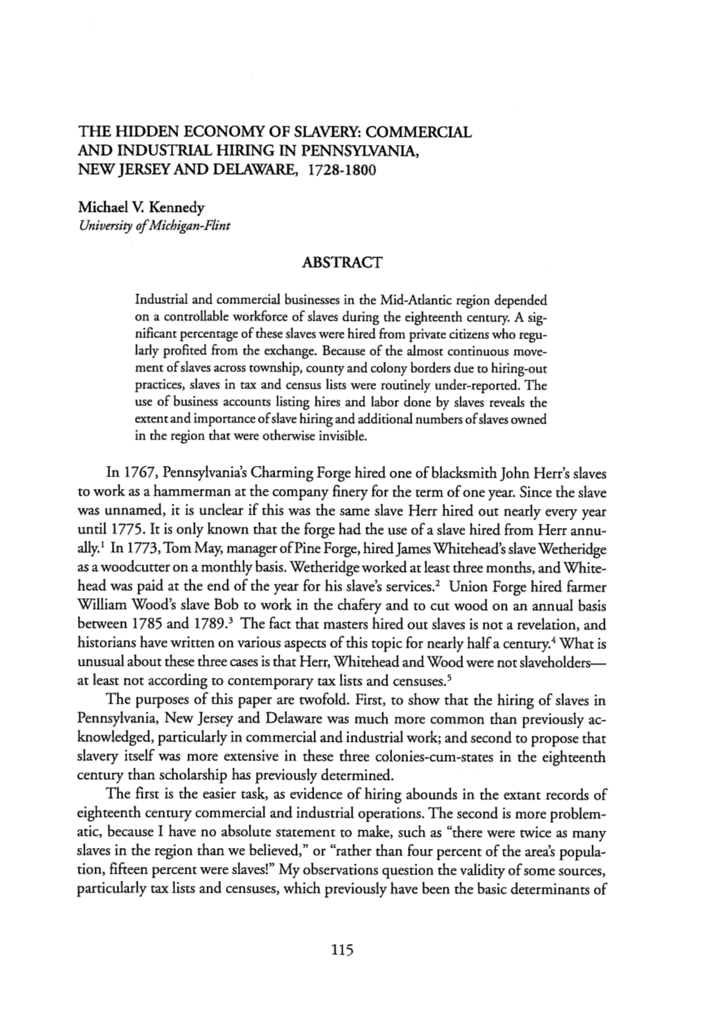 The Hidden Economy of Slavery: Commercial and Industrial Hiring in Pennsylvania, New Jersey and Delaware, 1728-1800